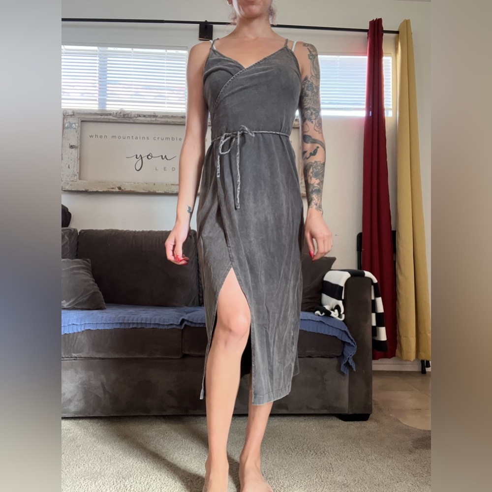 Gray acid wash wrap dress